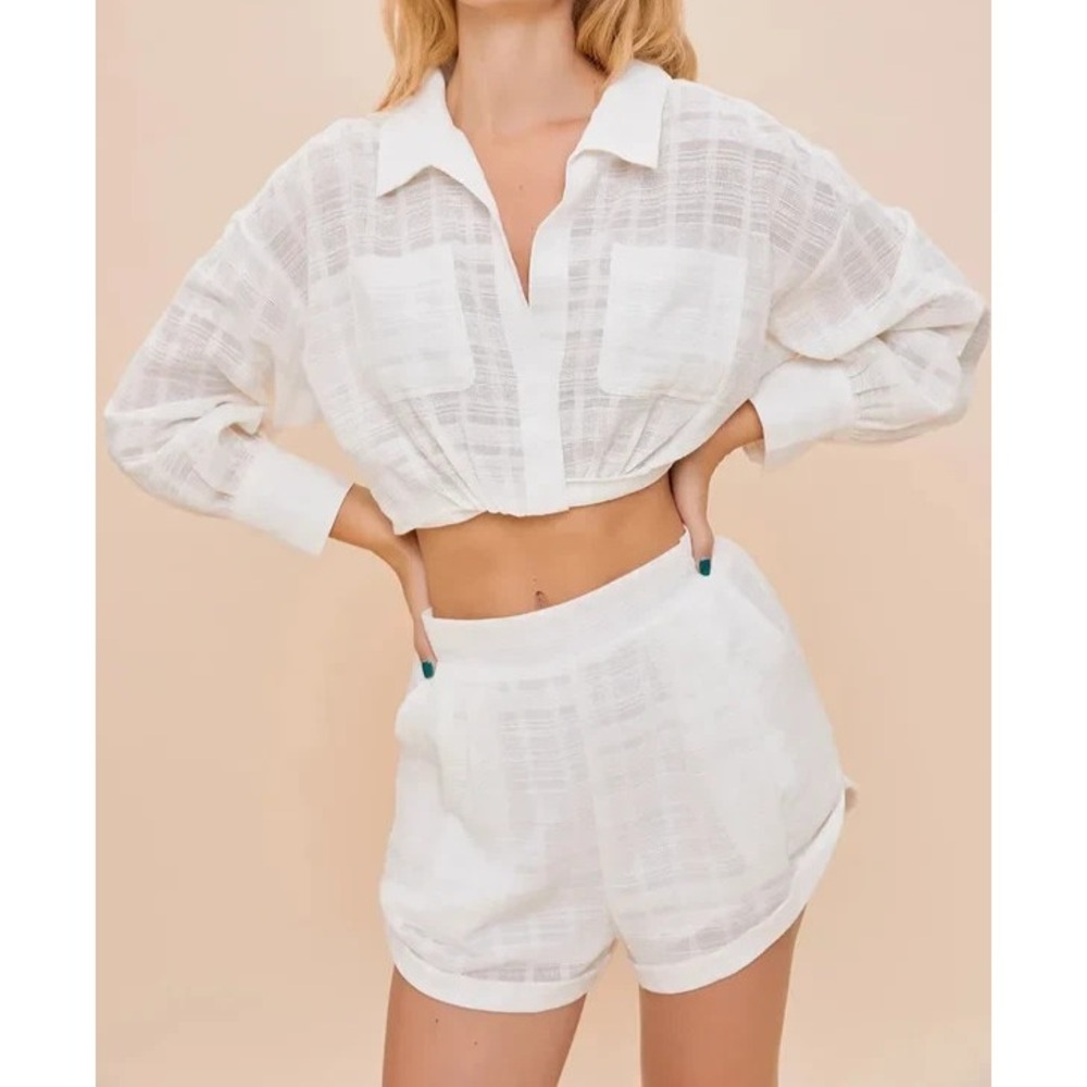 Mustard Seed White 2 Piece Cotton Textured Twist Crop Top & Shorts Set Small - Picture 3 of 16